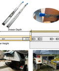 Diagram and photos of Beefy Heavy Duty 36-Inch Drawer Slides with 3-Fold Full Extension for vehicle mods and cabinets.