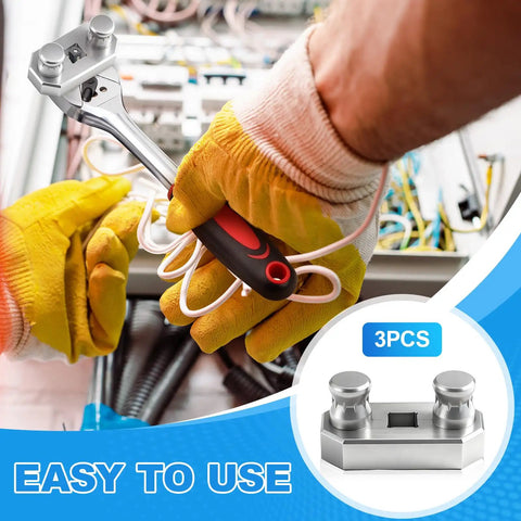 Heavy Duty 3 Piece Cable Bending Tool Set Compatible With Half Inch Drive Ratchet Aviation Aluminum Wire Bender Kit in use with gloves.