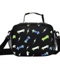Durable Insulated Lunch Box For Kids And Teens, Lightning Bolt Theme, Kid Friendly Cooler Tote With Shoulder Strap, Reusable School Lunch Bag, 6.5L Capacity, Fits Six Packs, Black, front view