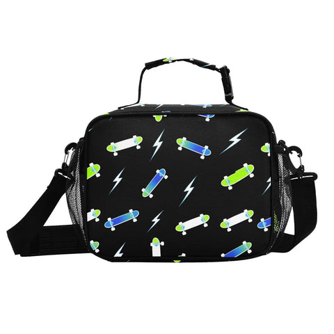 Durable Insulated Lunch Box For Kids And Teens, Lightning Bolt Theme, Kid Friendly Cooler Tote With Shoulder Strap, Reusable School Lunch Bag, 6.5L Capacity, Fits Six Packs, Black, front view