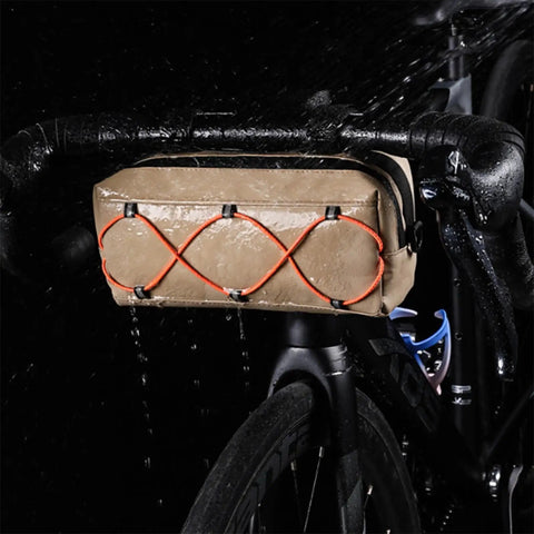 Front bike bag with waterproof insulation and large capacity on handlebar storage for mountain and road bikes in rain.