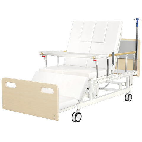 Fully Electric Hospital Bed For Home Use With Premium Mattress And Built In Guardrails Hi Low Adjustable Bed shown upright