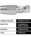 Side view of chrome hydraulic hose fitting, 3/8 in JIC female swivel end.