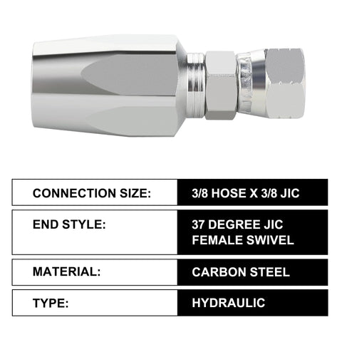 Side view of chrome hydraulic hose fitting, 3/8 in JIC female swivel end.