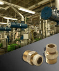 Heavy Duty Set Of Four Brass Drain Screws For Air Compressor Tanks And Compact Pumps built like a tank, detailed view in industrial setting.
