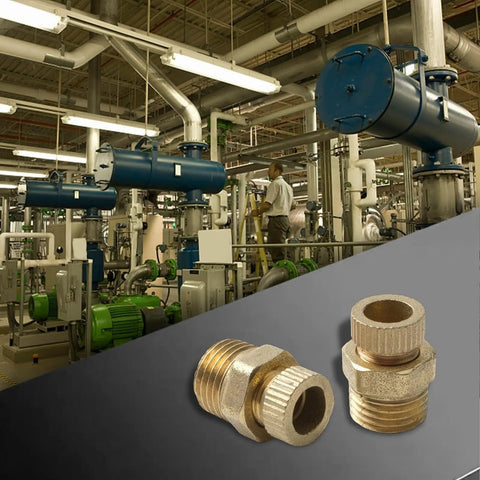 Heavy Duty Set Of Four Brass Drain Screws For Air Compressor Tanks And Compact Pumps built like a tank, detailed view in industrial setting.