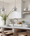 Petite Retro Metal Dome Pendant Light In Brushed Nickel Finish Modern Industrial Hanging Fixture in a kitchen