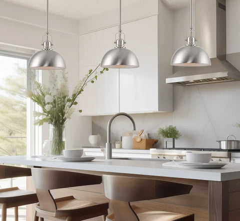 Kira Home Belle 9" Modern Industrial Pendant Light with Dome Shade, Petit Retro Metal Silver Hanging Light, Brushed Nickel Finish in kitchen.