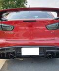 Rear view of red Mitsubishi Lancer Evolution X with Dark Smoked Lens Full LED Trunk Lid Center Mount Third Brake Light Bar Assembly.