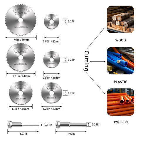 66 Piece All In One Rotary Tool Accessory Kit With Resin Cutting Discs showing blades for wood, plastic, PVC pipe cutting