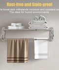 Adjustable 15 To 25 Inch Towel Rack With Shelf For Bathroom And Lavatory Double Towel Bar Rod Four Hooks Wall Mount Multifunction Towel Holder Hotel Style Stainless Steel Polished Chrome with towels displayed