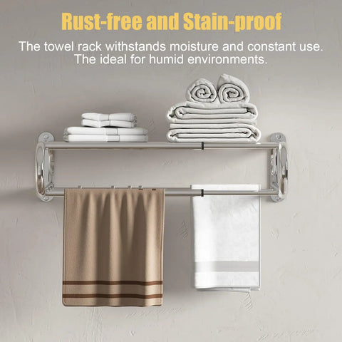 Adjustable 15 To 25 Inch Towel Rack With Shelf For Bathroom And Lavatory Double Towel Bar Rod Four Hooks Wall Mount Multifunction Towel Holder Hotel Style Stainless Steel Polished Chrome with towels displayed