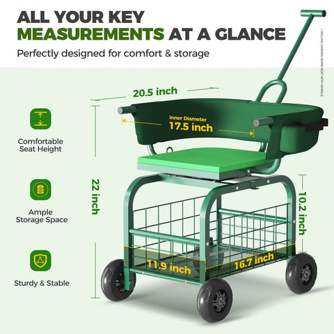 Rolling Garden Stool With Wheels, 360 Degree Swivel Seat And Backrest, Tool Storage Basket And Back Pouch, Adjustable Handle