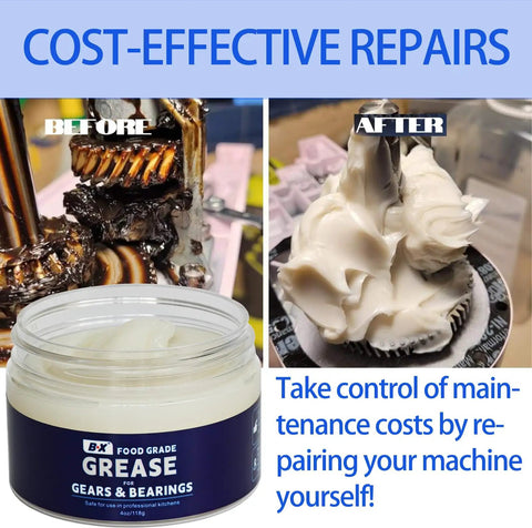 Food Grade Grease For Stand Mixer 4 Oz NSF Certified For Kitchen Pro Use, before and after application on gears and bearings