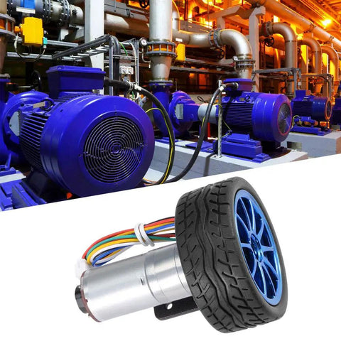 DC 6V Encoder Gear Motor Kit With Mounting Bracket And 65mm Wheel Kit in industrial setting, showcasing motor details.