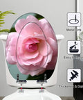 Elongated Toilet Seat for Bathroom featuring a pink flower design, metal hinge, and easy installation in a modern bathroom setting.