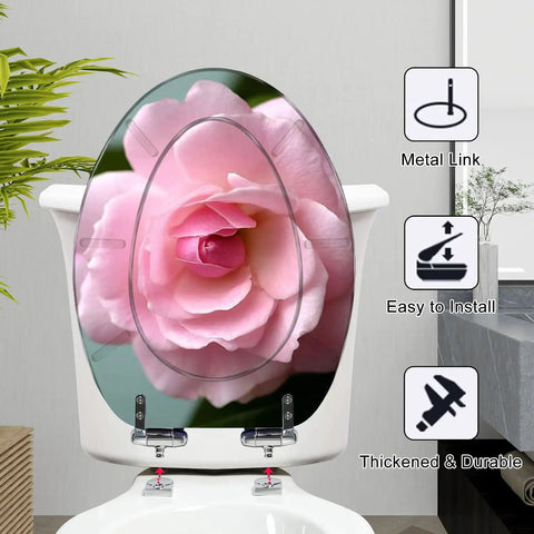 Elongated Toilet Seat for Bathroom featuring a pink flower design, metal hinge, and easy installation in a modern bathroom setting.