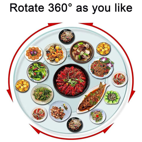 Big Boy Sized Round Lazy Susan With Dead Silent Glide 360 Degree Rotation Serving Tray displaying assorted dishes arranged around a central bowl.