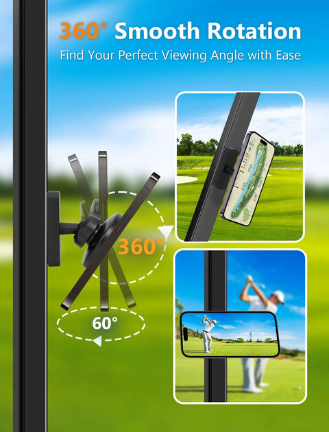2 Pack Magnetic Golf Cart Phone Holder N52 Super Strong Magnets Grip Tight One Hand Operation Snap Secure Mount Fits Ezgo Club Car Yamaha demonstrating 360 degrees rotation for flexible viewing.
