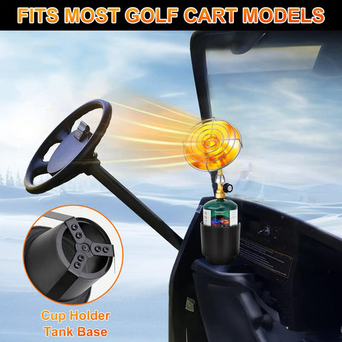 Portable Propane Heater For Outdoor Use With Foldable Base And Cart Cup Holder shown installed on golf cart