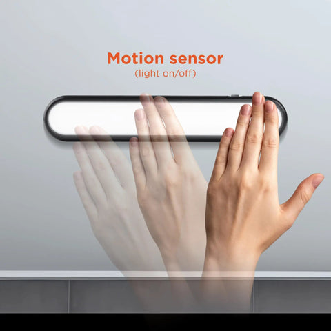 Two Pack LED Light Bars With Motion Sensor, 160 Lumens, Touchless Operation, Magnetic Mount, Battery Powered Slim Portable Lights For Closet, Garage, Shelf And Indoor Use, shown with hand activating sensor