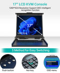 No Sweat Plug And Play Eight Port Kvm Switch With Seventeen Inch Lcd Rack Console showing 17 inch screen and keyboard interface.