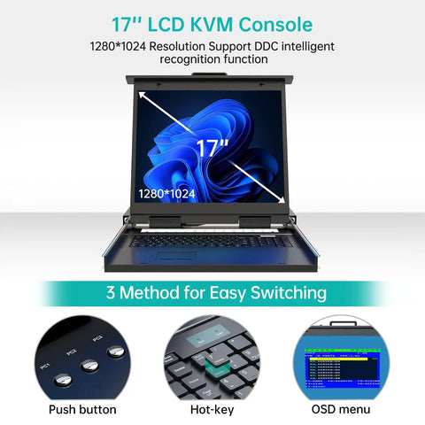 No Sweat Plug And Play Eight Port Kvm Switch With Seventeen Inch Lcd Rack Console showing 17 inch screen and keyboard interface.