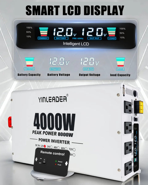 Rig Ready 4000W Power Inverter Turns 12V Battery Voltage Into 110V Household Power With Wireless Remote, featuring LCD display.