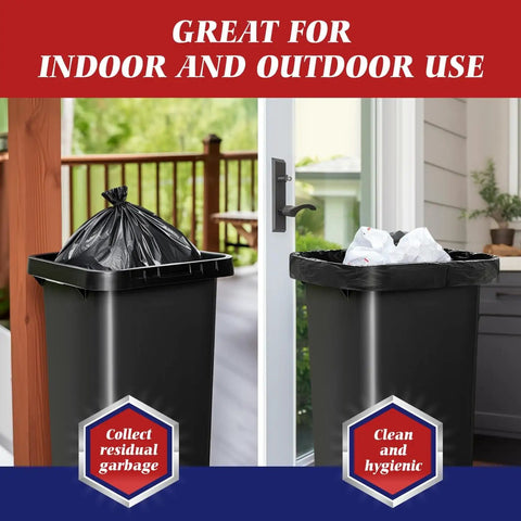 Two black trash cans with 64-65 Gallon Black Trash Bags, 13 Count, Extra Large All Purpose Outdoor Trash Can Liners displayed.