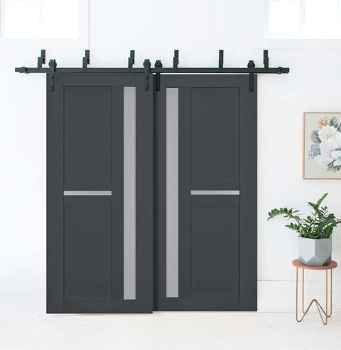 Interior Barn Bypass Sliding Doors With Frosted Glass And Solid Wood, 60x96 Inches, Black Finish, Modern Style