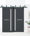 Veregio 7288 Interior Barn Bypass Sliding Doors With Frosted Glass And Solid Wood, 84 By 96 Inches, Black Modern Style
