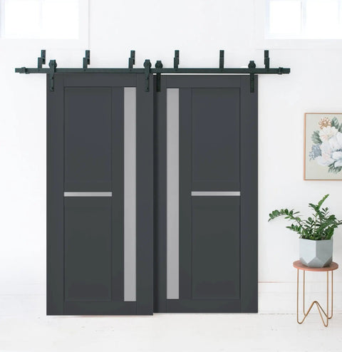 Veregio 7288 Interior Barn Bypass Sliding Doors With Frosted Glass And Solid Wood, 84 By 96 Inches, Black Modern Style