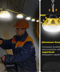 Worker installing Ultra Bright 100 Ft LED Work String Light With 10 Sockets 200W Total Output 26000 Lumens Aluminum Housing