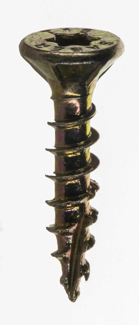 Heavy Duty Size Six By Three Quarter Inch Yellow Zinc Steel Bugle Head Screws With Slick T15 Torx Star Drive close-up view.