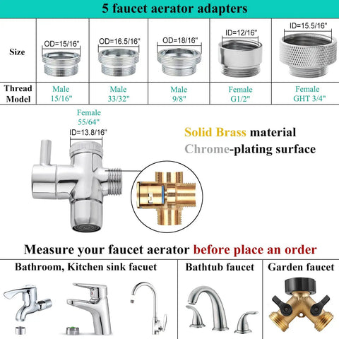 Five faucet aerator adapters with thread sizes, solid brass material, and chrome surface for versatile sprayer attachment.
