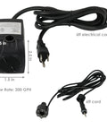 Plug And Play Compact Submersible Water Pump with Adjustable Flow 200 GPH 12V 12W showing dimensions and power cord.