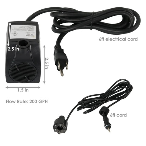 Plug And Play Compact Submersible Water Pump with Adjustable Flow 200 GPH 12V 12W showing dimensions and power cord.