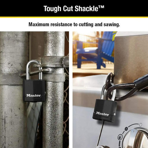 Heavy Duty Weather Resistant Padlock With Weather Cover Keyed Alike Outdoor Lock Set 4 Pack attached to fence and shed handle