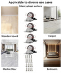 Dead Silent TPR Rubber Swivel Casters With Parking Brake Lock shown on wooden, marble, and carpet floors in various room settings.