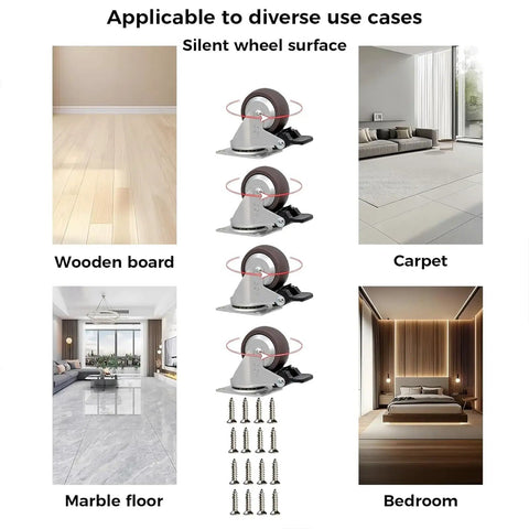 Dead Silent TPR Rubber Swivel Casters With Parking Brake Lock shown on wooden, marble, and carpet floors in various room settings.