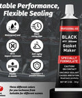Black RTV silicone gasket maker tube with text and icons showing features like oil resistance, temperature stability, and waterproof seal.
