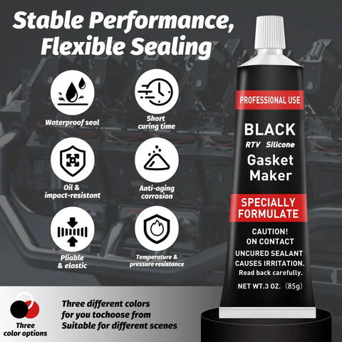 Black RTV silicone gasket maker tube with text and icons showing features like oil resistance, temperature stability, and waterproof seal.