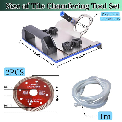 45 Degree Tile Chamfering Tool For Type 100 Angle Grinder with dimensions, ceramic cutting discs, and tubing
