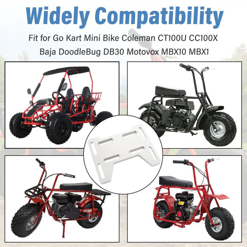 Collage of mini bikes and go-karts with Mini Bike Bolt On Mount Plate Adapter Bracket For Predator Engines 79cc 97cc 100cc 212cc in center.