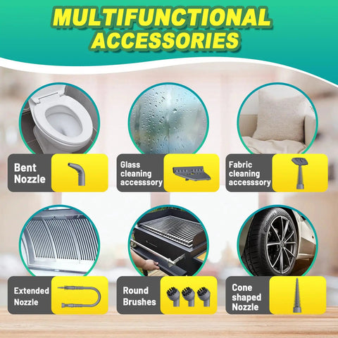 Multifunctional accessories for Hella Efficient Handheld Pressurized Steam Cleaner With Auto Spray Mode And 13 Piece Kit.