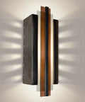 Premium Art Deco Wall Sconce With Badass Fused Glass Shade And Heavy Duty Gunmetal Steel Frame Featuring Natural Rosewood Accents candelabra bulb compatible, showcasing unique fused glass design.