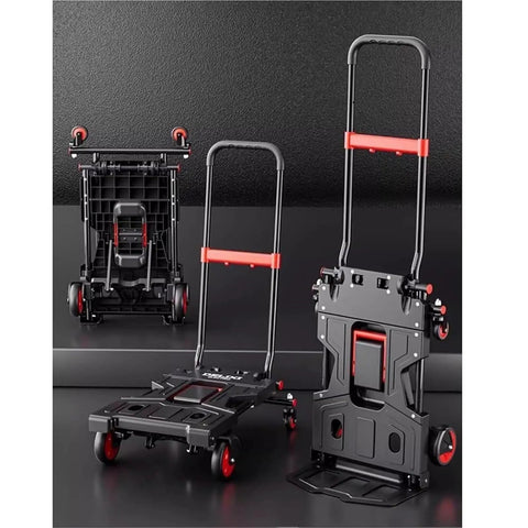 Heavy Duty Folding Flatbed Hand Truck With Convertible Cart Mode For Home And Job Site Use Portable Trailer Transporter For Shopping And Moving Rugged Easy Fold Compact Storage, black metal, red wheels
