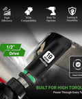 Half Inch Impact Socket Set Five Piece Metric Sizes 15 17 19 21 22 For Impact Wrench Auto Repair And Home DIY Heavy Duty Alloy Steel Mechanic Tool Kit showing 19mm socket on impact wrench