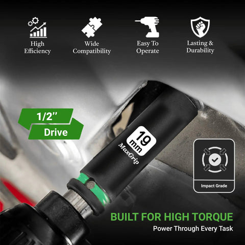 Half Inch Impact Socket Set Five Piece Metric Sizes 15 17 19 21 22 For Impact Wrench Auto Repair And Home DIY Heavy Duty Alloy Steel Mechanic Tool Kit showing 19mm socket on impact wrench