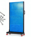 Heavy Duty Tool Organizer Rack With Two Pegboard Panels And Locking Casters Side Handle Four Tier Steel Shelving 20 Kg Per Shelf Capacity Ideal Garage Workshop Storage For Tools And Accessories, shown from the front with tools.